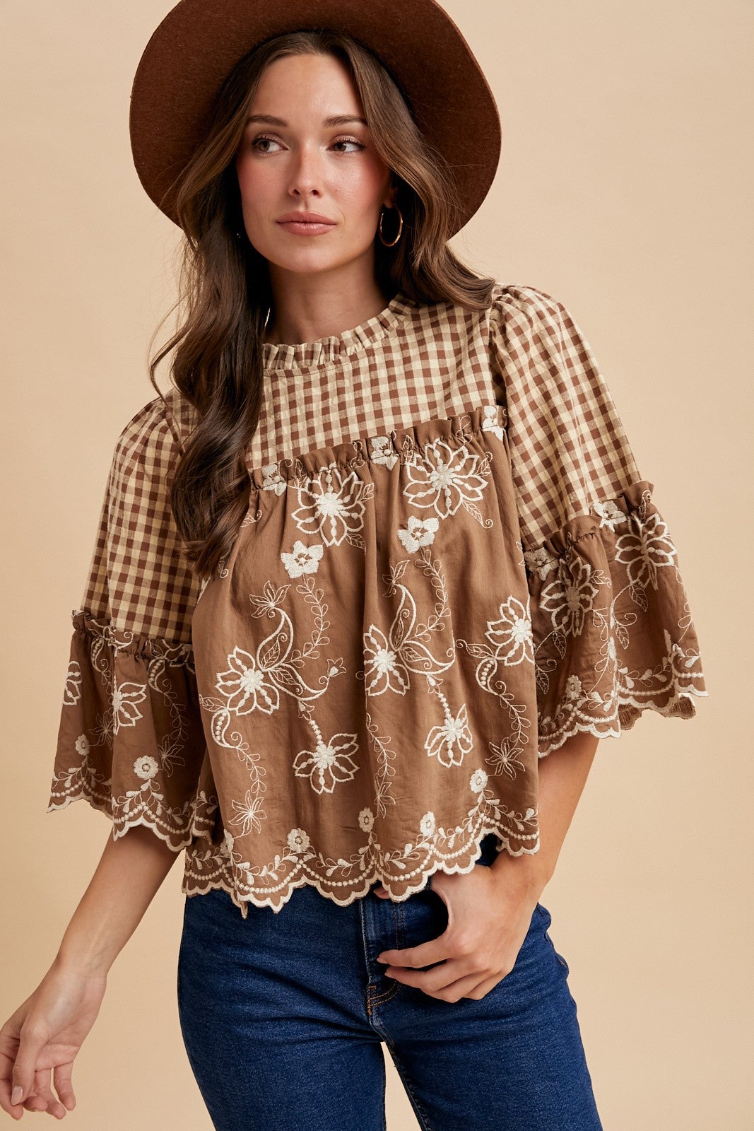 AW Floral Embroidery Check Ruffle Neck Blouse | The Southern Kind, LLC